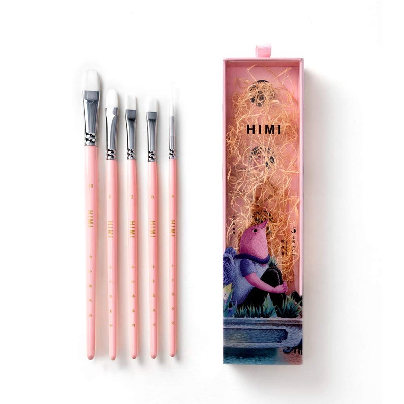 HIMI Little Bird Paint Brushes Set 5 Pcs for Acrylic Oil Gouache Paintï¼Œ1 Wide Brush, 3 Fan Brush,1 Liner Brush, Interesting Designed Nice Gift for Art hobbyist Beginners Artists (Pink,5 Pcs) - Image 1